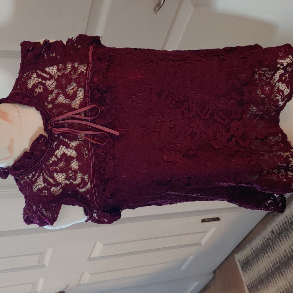 Wine/Maroon Lace Top with Ruffle accents and small peplum hemline Adult Sm